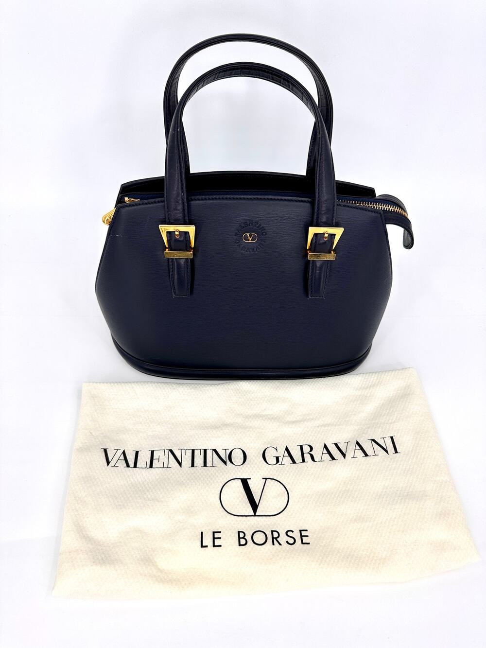 Vintage Valentino Garavani Navy Leather Handbag Gold V Logo Hardware Italy